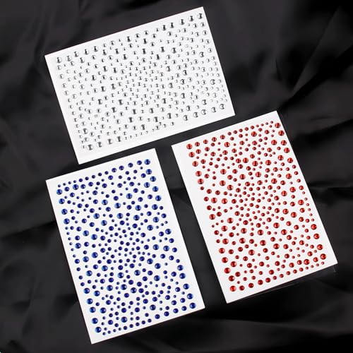 6 Sheets Rhinestone Sticker Self Adhesive Rhinestones Gems for Face Eyes Makeup Hair Body Stick on Rhinestones Stickers for Independent Festival Decal Decor(Red Blue White)