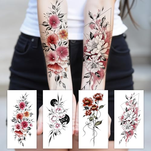 Cerlaza Temporary Tattoos for Women Adult, Realistic Flowers Half Arm Sleeve Tattoo, Waterproof Fake Tattoos, Semi Permanent Sexy Red Flower Tattoo Long Lasting-12 sheets