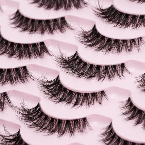 False Lashes Natural Look Eyelashes - 14 Pairs 14mm Faux 3D Mink False Eyelashes Natural Looking Fluffy Cat Eye Wispy Strip Lashes Pack by EMEDA (T06£©
