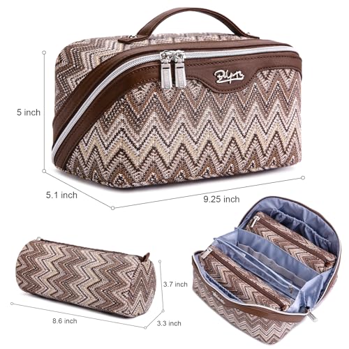 BOYATU Travel Makeup Bag for Women: Western Boho Make up Bag Set of 3 - Large Capacity Vegan Leather Cosmetic Bag - Waterproof Toiletry Bag with Compartments & Handle & Divider(J-2-Brown)