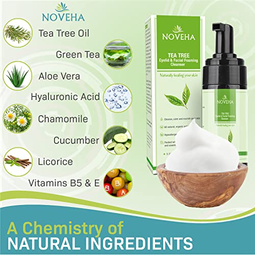 NOVEHA Tea Tree Oil Foaming Gentle Cleanser | Therapeutic Daily Skincare For Eyelash & lids, Eye Irritations, Stye Eyes, Skin Dryness, Moisturize with Organic Ingredients, All Types, 3.38 Ounce