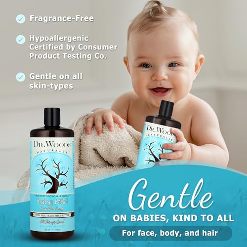 Dr. Woods Unscented Baby Mild Liquid Castile Soap - Gentle Cleanser with Organic Shea Butter, Natural Soap for Sensitive Skin - Paraben, Sulfate, and Phthalate Free - 32 Fl Oz
