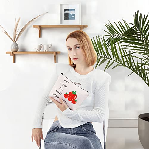 LEVLO Funny Strawberry Cosmetic Bag Fruit Lover Gift Just A Girl Who Loves Strawberries Makeup Zipper Pouch Bag Strawberry Lover Gift (Who Loves Strawberries)