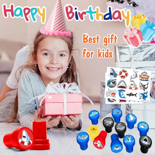 36PCS Shark Party Favors - 24PCS Temporary Tattoos & 12PCS Stamps - Ideal Beach Ocean Animal Themed Birthday Card Decorations Supplies Goodie Bag Cute Rewards for Boys Girls Classroom Gifts