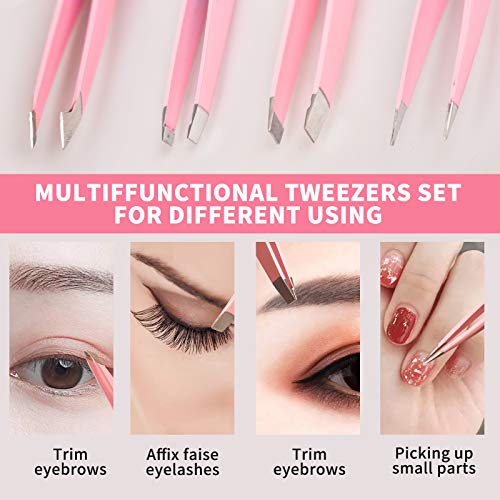 Tweezers Set 4-piece, Professional Stainless Steel Tweezers, Precision Tweezers for Eyebrows, Facial Hair, Ingrown Hair, Splinter, Blackhead and Tick Remover (PINK)
