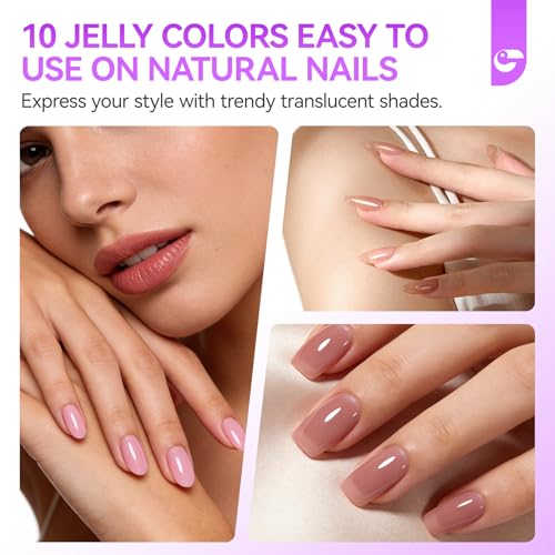 gelike ec Jelly Color Gel Polish: Nail Starter Kit with 10 Gel Colors & Base Gel Top Coat - need UV LED Lamp Cure Smooth Easy Used on Natural & Acrylic Nails at Home for Beginner and Teens