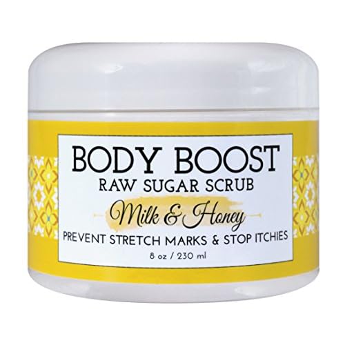 Body Boost Milk & Honey Sugar Scrub 8 oz- Help Prevent Dry Skin, Stretch Marks, and Scars- Pregnancy and Nursing Safe- Allergen Free