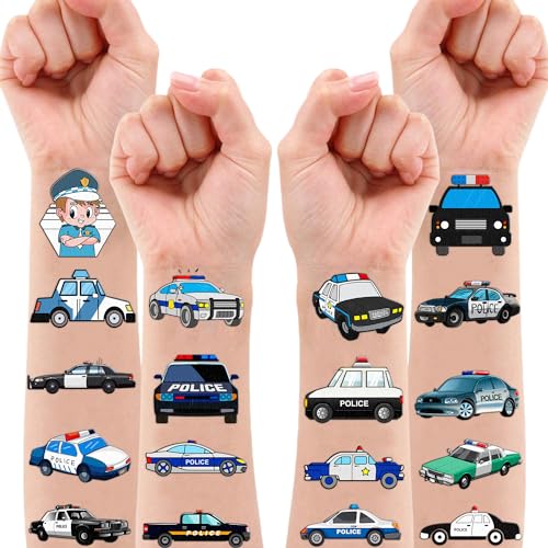 107 PCS Police Car Temporary Tattoos Themed Birthday Party Decorations Favors Supplies D?cor Cute Cop Officer Policeman Blue Tattoo Stickers Gifts For Boys Girls Class Prizes Rewards Cartoon Carnival