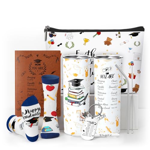 Patelai 6 Pcs 2026 Christian Graduation Gifts Set Congrats Grad Gift Basket for College High School with Tumbler Keychain Makeup Bag Notebook Pen Sock Graduation Present for Graduates Her Him Daughter