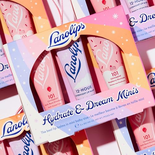 Lanolips Hydrate & Dream Minis Gift Set - Includes 101 Ointment Lanolin Lip Balm in Strawberry & Raspberry Shortcake + 12 Hour Overnight Lip Mask - Lanolin Skin Care Set (3 Pieces)