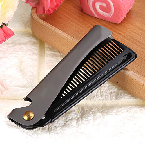 Pocket Folding Beard Comb Metal, Stainless Steel Moustache Comb with Smooth Round Teeth for Men Grooming and Beard Maintenance Tool (Black + Stainless Steel Plating)