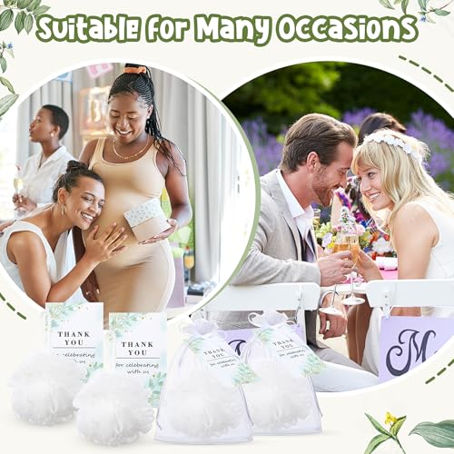 50 Sets Wedding Gifts for Guests Baby Shower Party Favors 40g White Loofah Bulk Thank You for Celebrating with Us Cards and White Organza Bags for Wedding Bridal Shower Stuffers