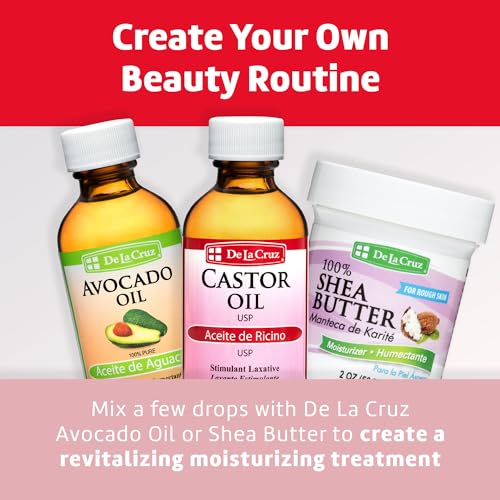 De La Cruz Castor Oil - 100% Pure Expeller Pressed Castor Oil for Nourishing Skin, Hair, Eyelashes, and Eyebrows - Natural Laxative USP Grade, 2 FL Oz (2 Bottles)