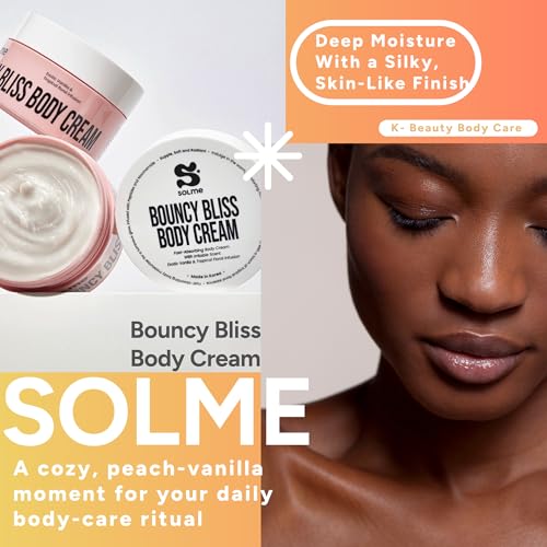 SOLME Bouncy Bliss Body Cream | Deep Moisture Body Butter with Coconut & Jojoba Oil, Collagen & Avocado | Cozy Peach Vanilla Scent | Winter Hydration & Holiday Gift | K-Beauty | 6.76 fl oz