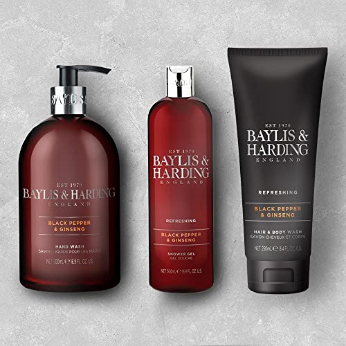 Baylis & Harding Liquid Hand Soap Wash with Dispenser, Black Pepper & Ginseng for Men, 16.9oz/500ml