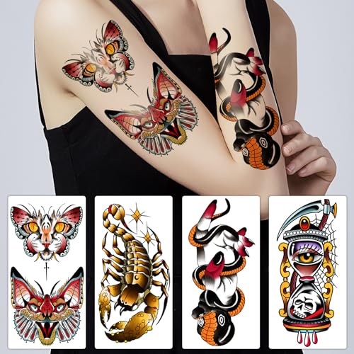 Yazhiji 77sheets Waterproof Fake Tattoo for Men or Women 17sheets Larger Half Arm Owl Peony Butterfly Snake Temporary Tattoos for Boy or Girl And 60 sheets Tiny Flower Tattoo Sticker for Kids
