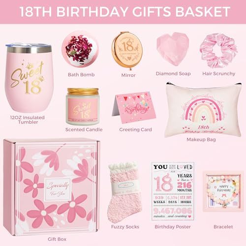 18th Birthday Gifts for Girls, Happy 18th Birthday Gift Ideas Set for Her,Cute Unique Turning To 18 Year Old Birthday Gifts Basket Presents Set for Women,Best Friend, Sister, Daughter,Female