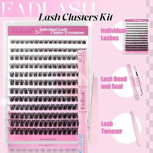 FADLASH Lash Extension Kit Fluffy Lash Clusters 0.07 D Curl Mixed Tray Wispy Eyelash Clusters with Lash Bond and Seal Lash Tweezer Diy Lash Clusters Kit for Beginners at Home(C3-0.07D, 8-16mm Kit)