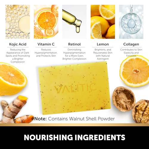 VALITIC Lemon Turmeric Soap for Dark Spots - Kojic Acid Soap for Face and Body - Exfoliating Bar for Brightening, Skin Tone Corrector with Retinol, Vitamin C, Collagen and Hyaluronic Acid - 1 Pack