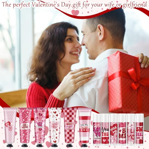 Loopeer 48 Sets Valentine's Day Hand Cream Lip Balm Gifts Bulk Galentine's Day Gift Valentine Party Favor Moisturizing Heart Hand Lotion Bulk Mini Dry Cracked Care Cream for Women Teacher Coworker