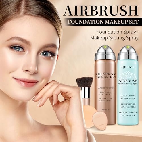 Airbrush Foundation with Airbrush Setting Spray for Makeup,Long-lasting Waterproof,Buildable Coverage,Lightweight Comfortable,Moisturizing Foundation Makeup (02 Beige)