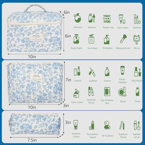 Makeup Bag Toiletry Bag Cosmetic Bag Cute Preppy Stuff Things for Teen Girls Large Make Up Pouch Floral Quilted Skincare Bags Organizer Travel Essentials for Women Gifts for Women