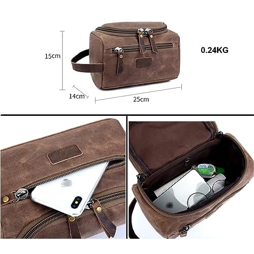 Toiletry Bag For Men Dopp Kit Durable Waxed Cotton Canvas With Leather Handle Toiletry Organizer Water-resistant Shaving Bag for Toiletries (Waxed Canvas, Grey)
