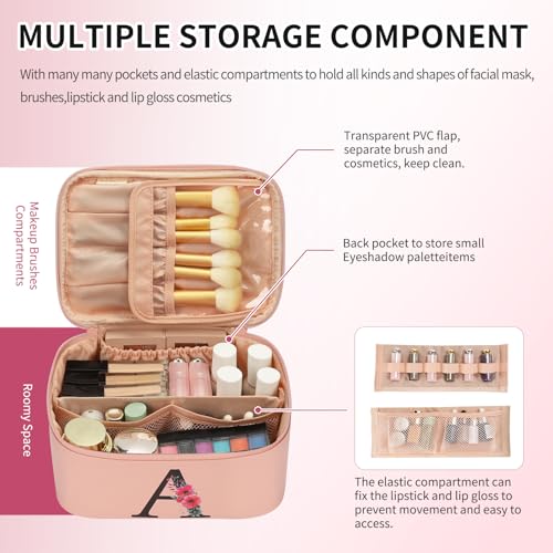 OCHEAL Initial Makeup Bag,Monogram Make up Bag Pink Travel Makeup Organizer Case Beauty Toiletry Cosmetic Bag with Brush Holder, Trendy Stuff Personalized Gifts for Women and Girls-A