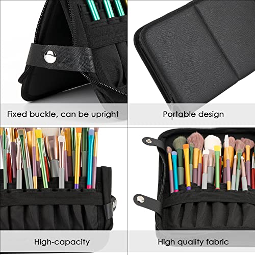 Makeup Brush Organizer Bag Standing Makeup Brushes Holder Travel Case, Professional Portable Cosmetic Storage Bag Foldable Makeup Brush Wrap Case for Men Women Artist Gift (Black)