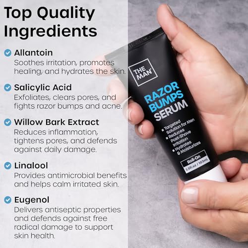 The Man Razor Bumps Serum - Ingrown Hair Treatment for Men - Razor Bump Treatment for Men - Face & Body After Shave & Razor Burn Treatment - Metal Roll On Soothes Skin & Calms Irritation (3.5fl.oz)