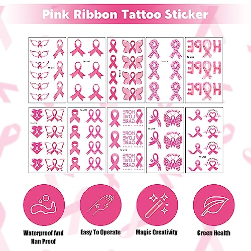 Breast Cancer Tattoos, 10 Sheets 68 Pcs Pink Ribbon Breast Cancer Awareness Temporary Tattoos for Face Arms and Hands, 4.7" x 2.7" Breast Cancer Face Tattoos for Walks Runs Fundraising Events
