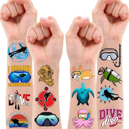 96PCS Cool Scuba Diving Temporary Tattoos Ocean Summer Beach Birthday Party Favors Decorations Supplies Decor Underwater Sports Tattoo Stickers Gifts For Kids Diver Boys Girls School Prizes Carnival