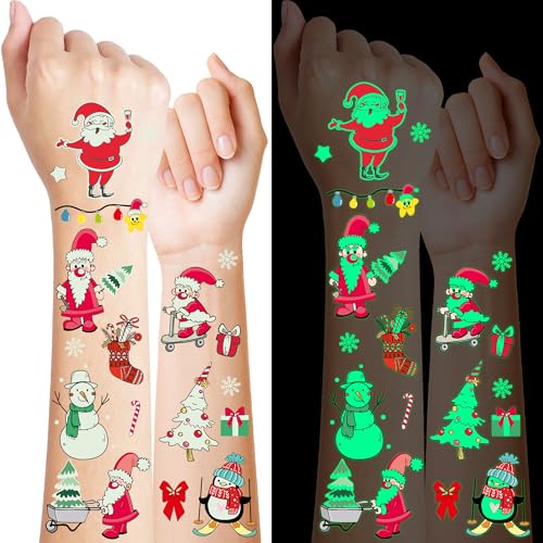 243PCS Christmas Tattoos, 12Sheets Christmas Party Favors, Luminious Xmas Tattoos Stocking Stuff, Xmas Stickers, Bulk Xmas Holiday Ugly Sweater Party Supplies Accessories Candy