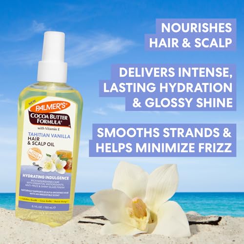 Palmer's Cocoa Butter Formula, Tahitian Vanilla Hair & Scalp Oil, (5.1 Fl Oz), Hydrating & Nourishing Oil with Vitamin E & Acacia Honey for Shine, Smoothness & Frizz Control, All Hair Types
