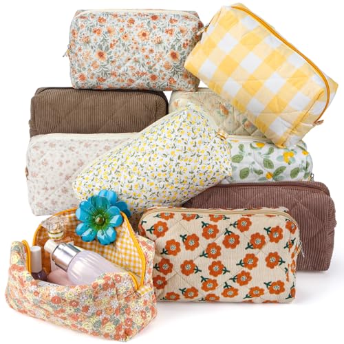 Paterr 10 Pcs Quilted Makeup Bag Bulk Cotton Floral Cosmetic Bag Women Girls Bridesmaid Gifts Cute Makeup Pouch Coquette Aesthetic Travel Toiletry Organizer(Yellow Floral,7.87 x 4.72 x 3.15 Inches)