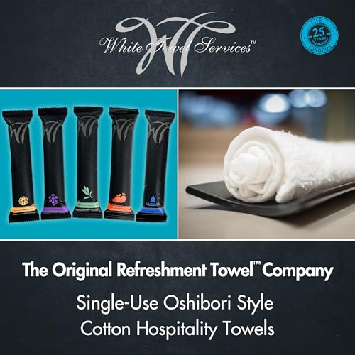 White Towel Services 8" x 8in Moist Cotton Towel Individually Wrapped - Lavender (Case of 50) - Single-Use Oshibori Style Cotton Hospitality Towels