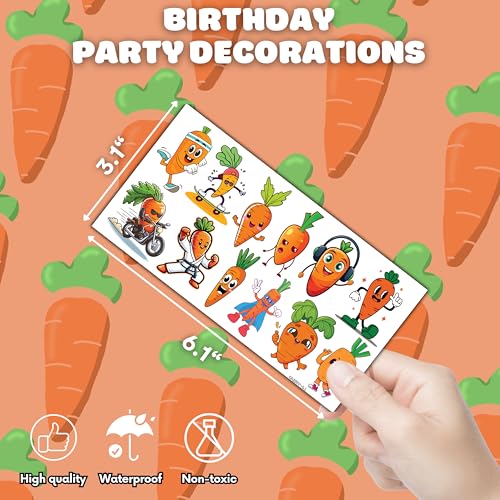 117 PCS Funny Vegetable Carrot Temporary Tattoos Sticker Fruit Carrot Bunny Birthday Party Decor Decorations Supplies Favors Gifts Boys Girls Baby Shower Cute Fake Tattoo School Reward Themed