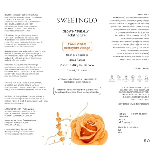 Face Wash - Natural Vitamin C from Amla, Licorice & Carrot | With Hyaluronic Acid, Rose Water, Coconut Milk | Smoothens |Brightens, Hydrates & Gentle| Paraben &Sulfate-Free Cleanser |100ml