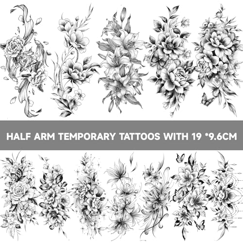 EMOME 12 Sheets Sexy Temporary Tattoos for Women, Half Arm Flowers Fake Tattoos Sleeve, Temp Realistic Tattoo Stickers for Adults Girls Shoulder Arm Leg Back
