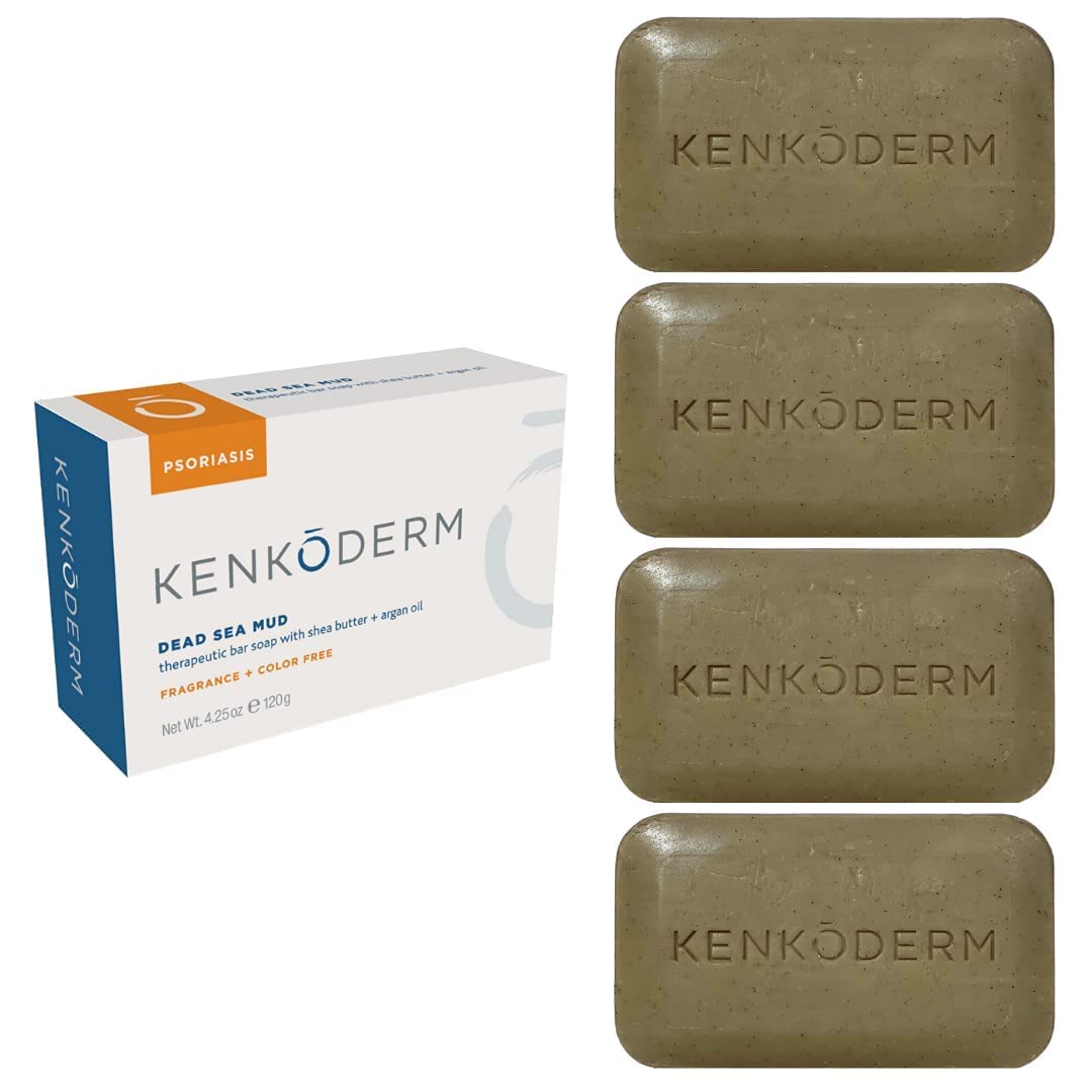 Kenkoderm Psoriasis Dead Sea Mud Soap with Argan Oil & Shea Butter, Natural Exfoliating Body & Face Cleanser for Sensitive Skin, Fragrance & Color-Free, 4.25 Ounce, 1 Bar
