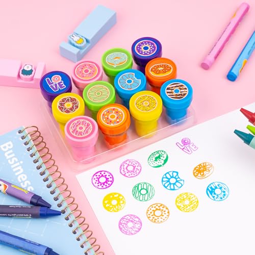 36PCS Donut Party Favors - 24PCS Temporary Tattoos & 12PCS Stamps - Ideal Sweet Doughnut Themed Birthday Card Decorations Supplies Goodie Bag Cute Rewards for Boys Girls Classroom Gifts Baby Shower