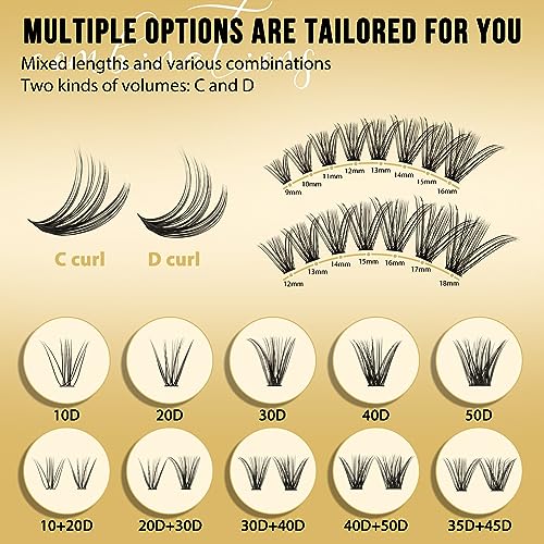 QUEWEL Lash Clusters 320Pcs Cluster Lashes 35D+45D D Curl Lash Cluster Eyelash Extensions Mix9-16mm Individual Eyelashes Clusters Wispy Lash Clusters Thin Band Soft to Use at Home(35D+45D D Mix9-16)