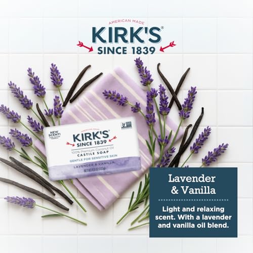 Kirk's Castile Bar Soap for Men, Women & Children - Made with Premium Coconut Oil, Sensitive Skin Formula, Vegan, Non GMO, Lavender & Vanilla, 4 oz. Bars 6 Pack