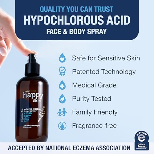 Happy Skin .02% Hypochlorous Acid Spray Toner? Extra Strength, Extra Gentle 100% Natural Toner & Skin Cleanser for Face & Body? Soothe, Hydrate & Repair Dry, Sensitive Skin? pH Balanced, Non-Toxic 8oz