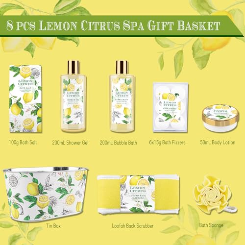 Bath Gift Set, Lemon Citrus Spa Gift Basket for Women, Includes Shower Gel, Bubble Bath, Body Lotion, Bath Frizzes 8 Pcs, Great Gift Idea for Her Birthday