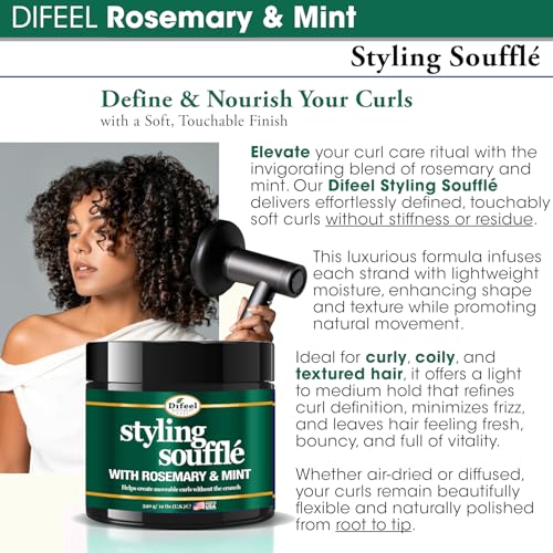 Difeel Rosemary & Mint Styling Souffl? 12 oz. - Nourishing Curl Defining Souffle for Wavy Hair, Curly Hair & Coils