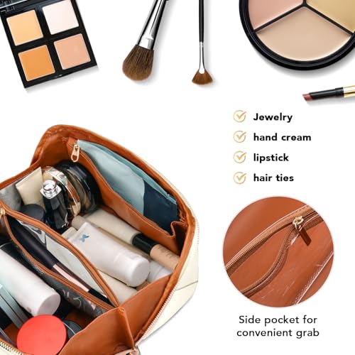 stona Travel Makeup Bag for Women, Large Capacity PU Leather Waterproof Checkered Cosmetic Bags, Portable Pouch Open Flat Toiletry Bag, Make up Organizer with Divider and Handle H3, Black-03