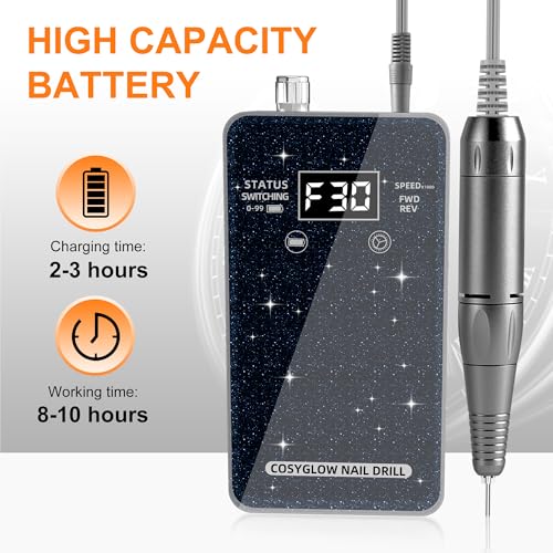 Professional Electric Nail Drill File:COSYGLOW Glitter Portable Cordless E-File Nail Drill Kit with 11 Drill Bits,30000 RPM Rechargeable Nail Drills Machine for Acrylic Nails Gel Polishing(Black)