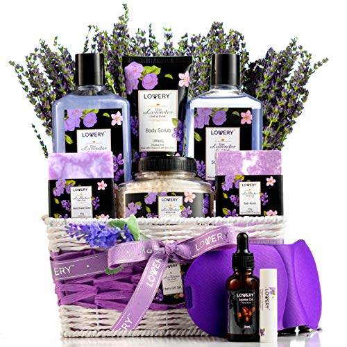 Gift Baskets for Women, Valentines Day Gifts for Her, Spa Gifts for Women ? Lavender & Lilac Bath Set Soap, Bath Bomb, Jojoba Oil, Lip Balm Bath and Body Gifts for Mom