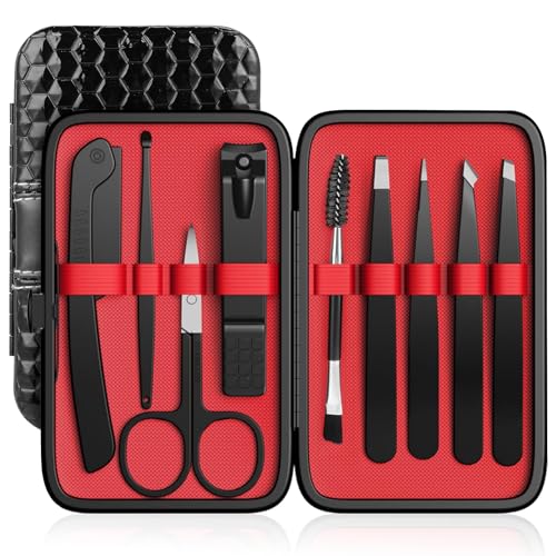 Tweezers Set, Hyxhappy 9 pcs Professional Stainless Steel Tweezers Kit for Facial Hair, Precision Plucker Eyebrow Tweezer Kit with Luxurious Travel Case as Stocking Stuffers Gifts for Women/men